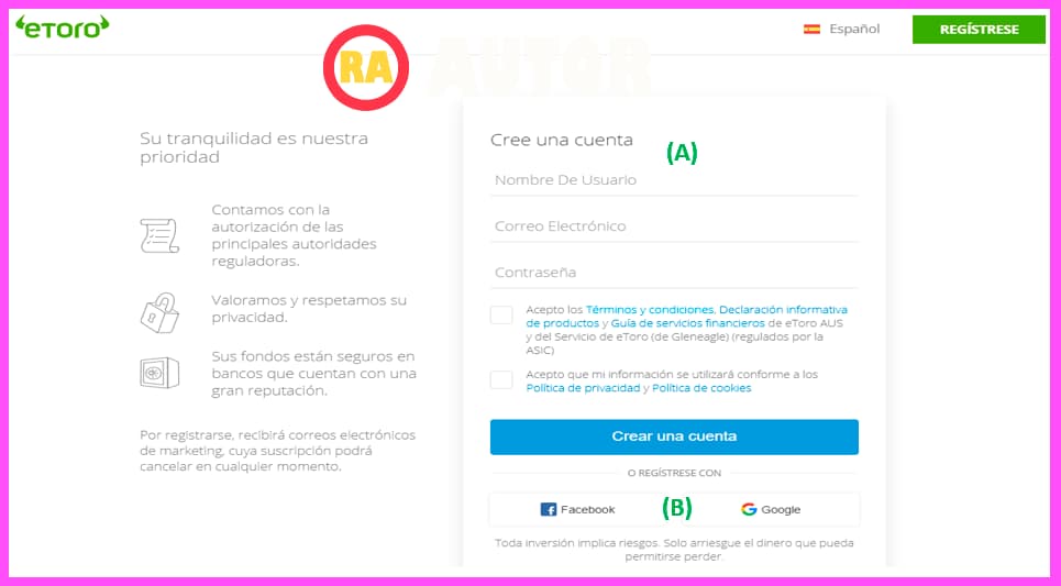 formulario de crear cuenta en eToro