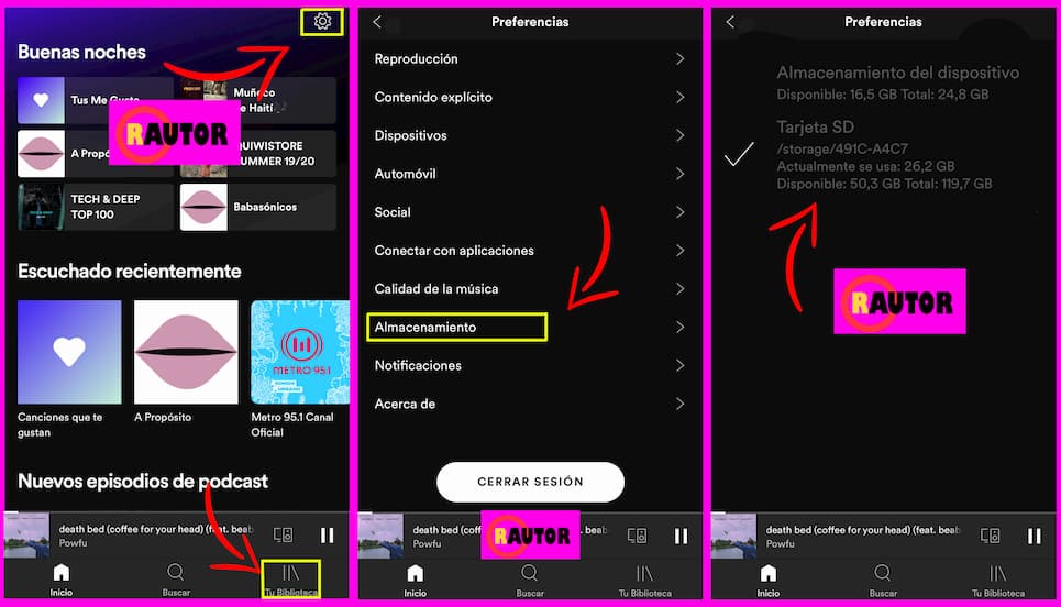cambiar almacenaje en spotify