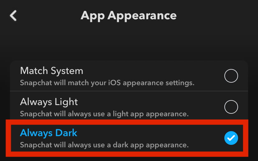 elige siempre oscuro para activar el modo oscuro en snapchat