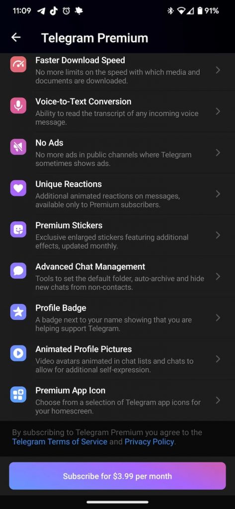 telegram premium precio mensual