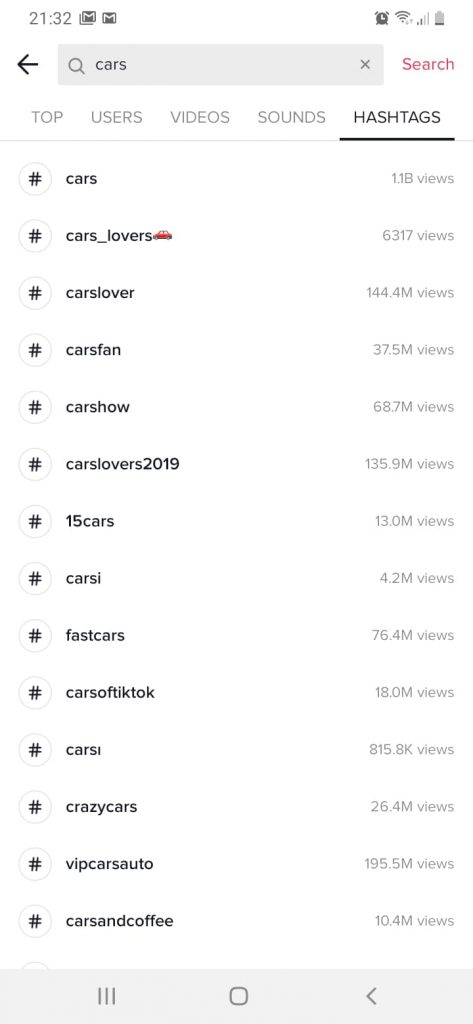 Interface de Hashtags en Tiktok